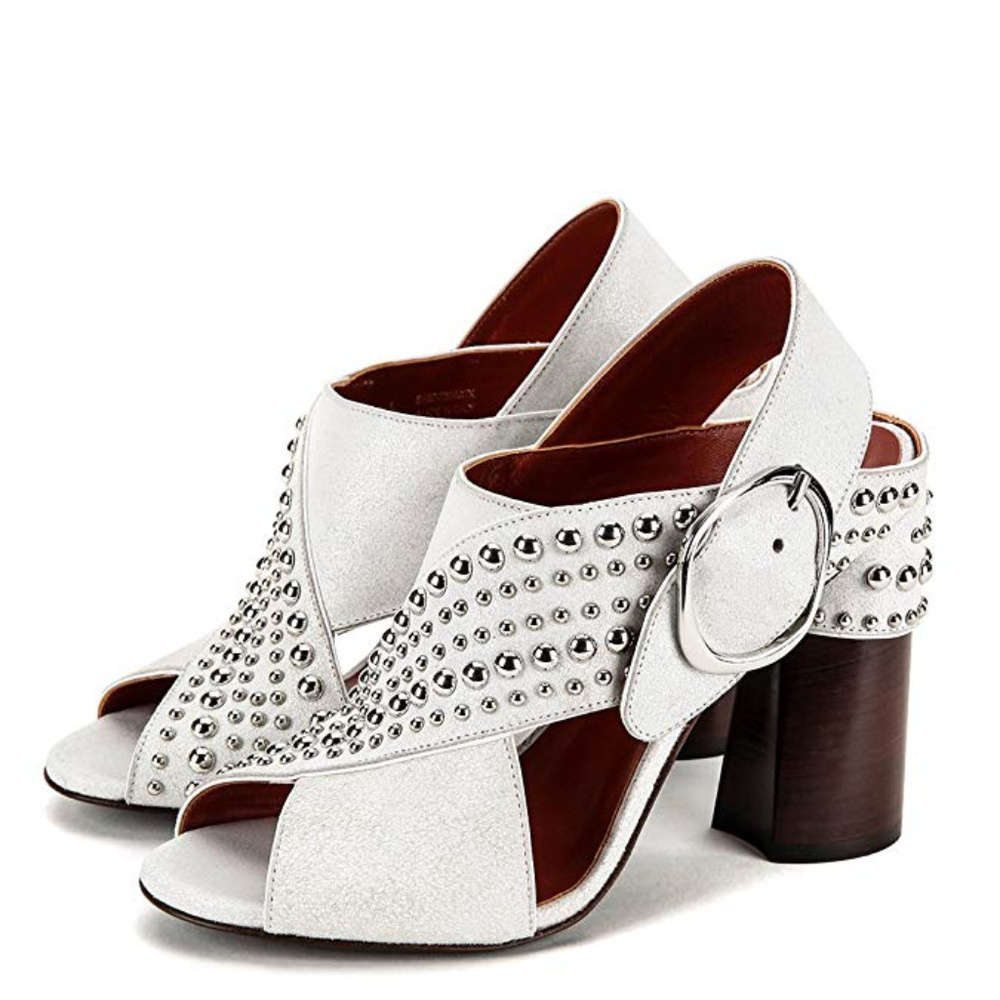 White Patsy Studded Crisscross Leather Block Heel